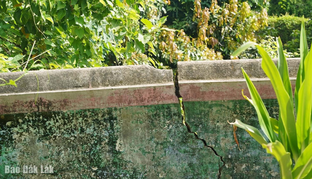 Bức tường bị nứt toác của ngôi chùa cũ bên lưng chừng núi Nhạn.