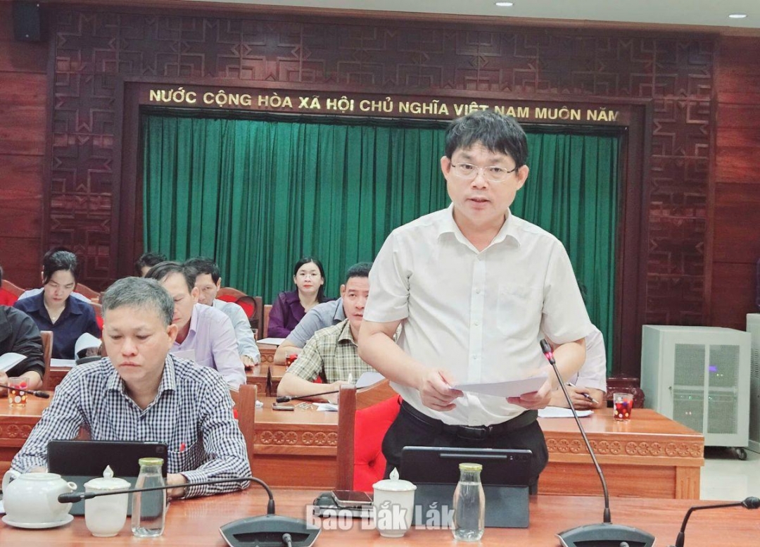 Đại diện lãnh đạo Sở Tài chính báo cáo tại cuộc họp.