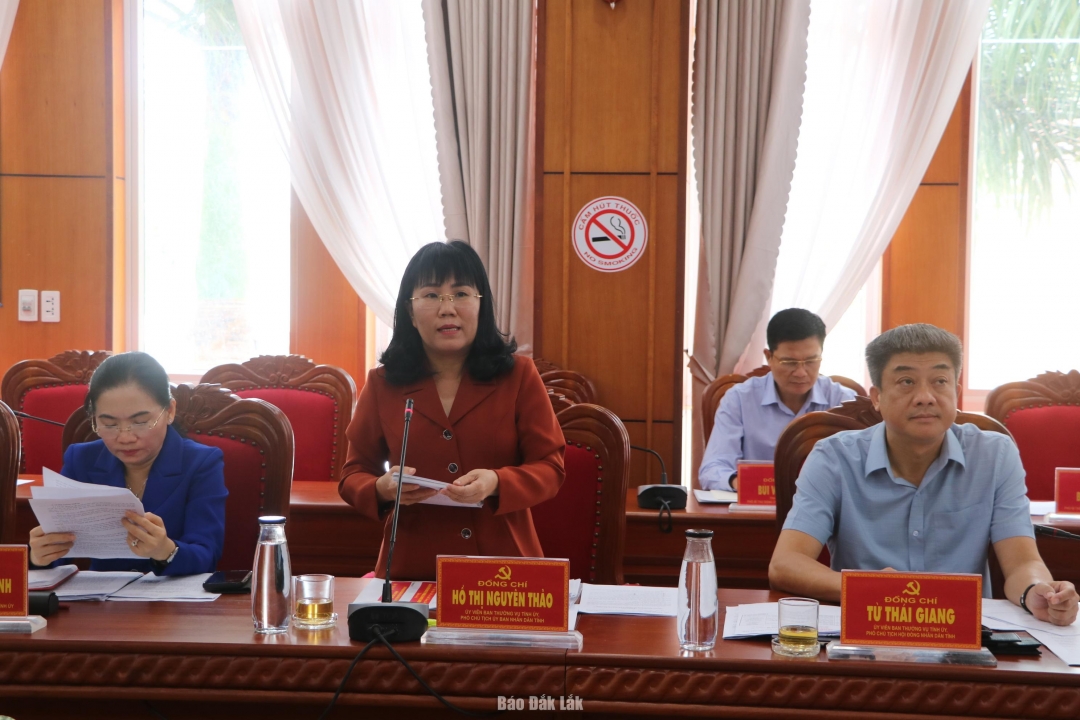 Ủy viên Ban Thường vụ Tỉnh ủy, Phó Chủ tịch Thường trực UBND tỉnh Hồ Thị Nguyên Thảo phát biểu ý kiến tại hội nghị.