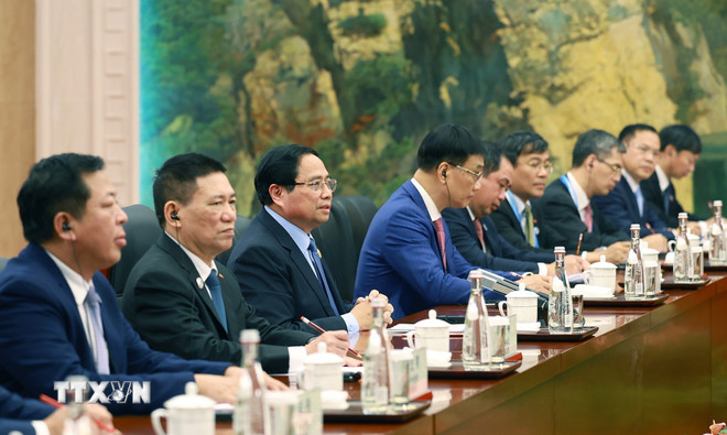 Thủ tướng Phạm Minh Chính phát biểu tại cuộc hội kiến Tổng Bí thư, Chủ tịch nước Trung Quốc Tập Cận Bình. Ảnh: TTXVN
