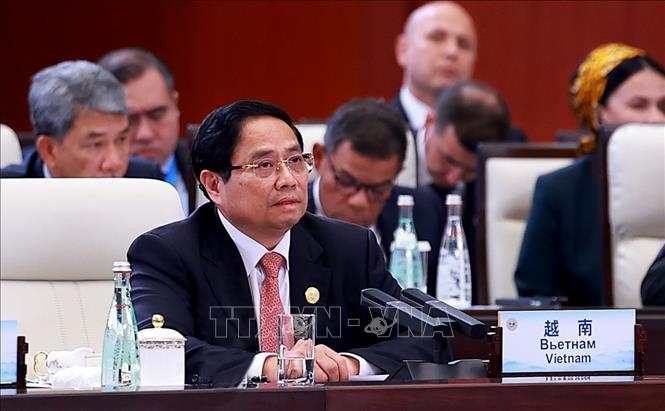 Thủ tướng Phạm Minh Chính phát biểu tại Hội nghị Thượng đỉnh Tổ chức Hợp tác Thượng Hải 2025 mở rộng (SCO +). Ảnh: TTXVN