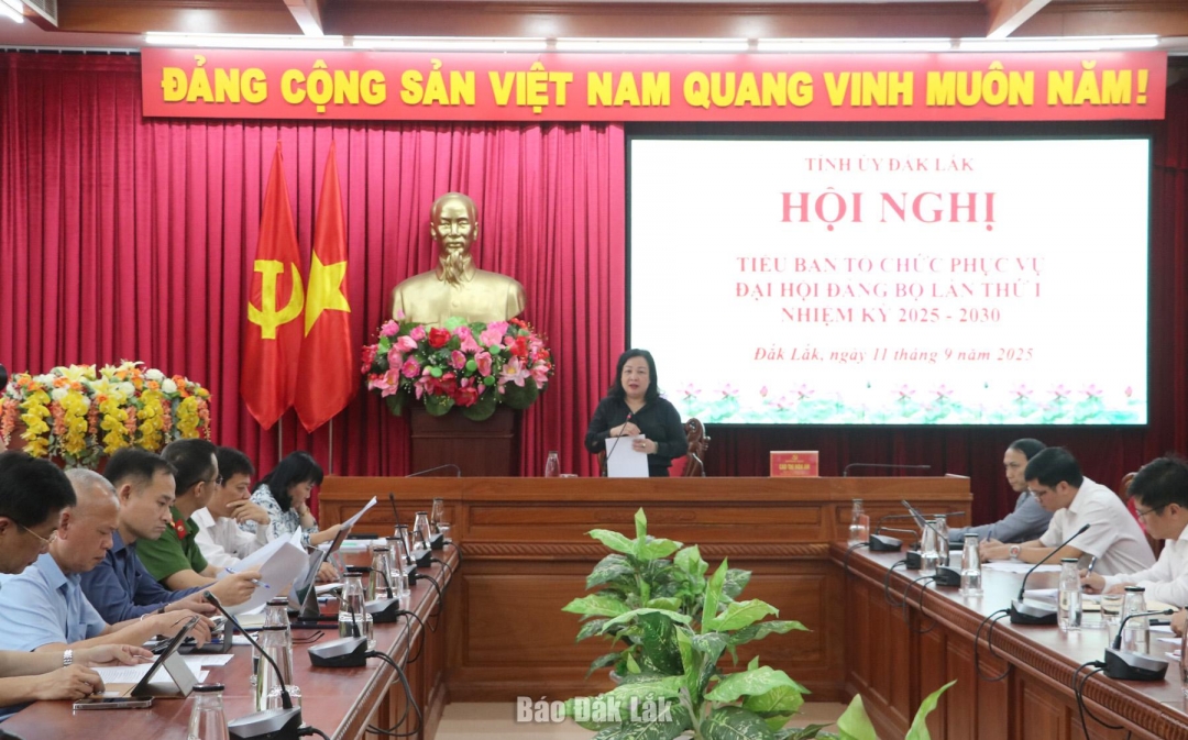 Đồng chí Cao Thị Hòa An, Phó Bí thư Thường trực Tỉnh ủy, Chủ tịch HĐND tỉnh, Trưởng Tiểu ban Tổ chức phục vụ Đại hội chủ trì hội nghị.
