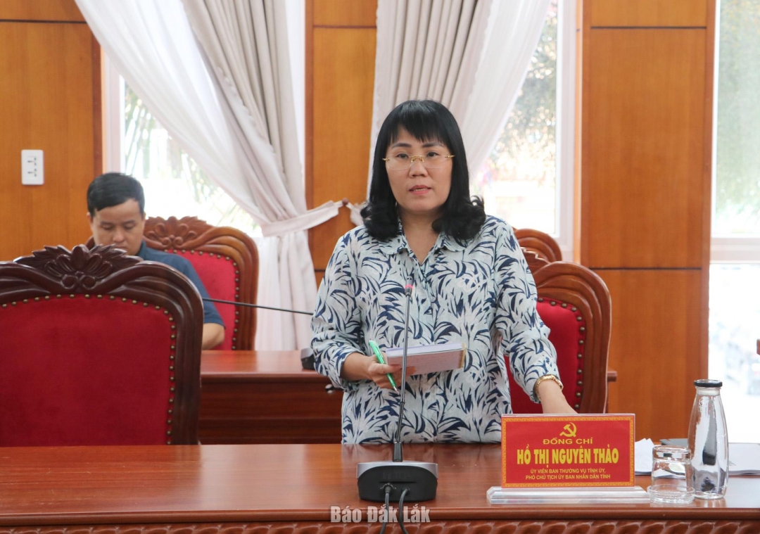 Đồng chí Hồ Thị Nguyên Thảo, Ủy viên Ban Thường vụ Tỉnh ủy, Phó Chủ tịch Thường trực UBND tỉnh, Phó Trưởng Tiểu ban Tổ chức phục vụ Đại hội tham gia ý kiến tại hội nghị.