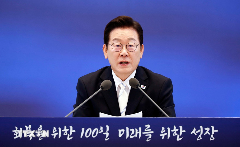 Tổng thống Hàn Quốc Lee Jae Myung phát biểu tại cuộc họp báo đánh dấu 100 ngày nhậm chức, ở Seoul, ngày 11/9/2025. Ảnh: TTXVN