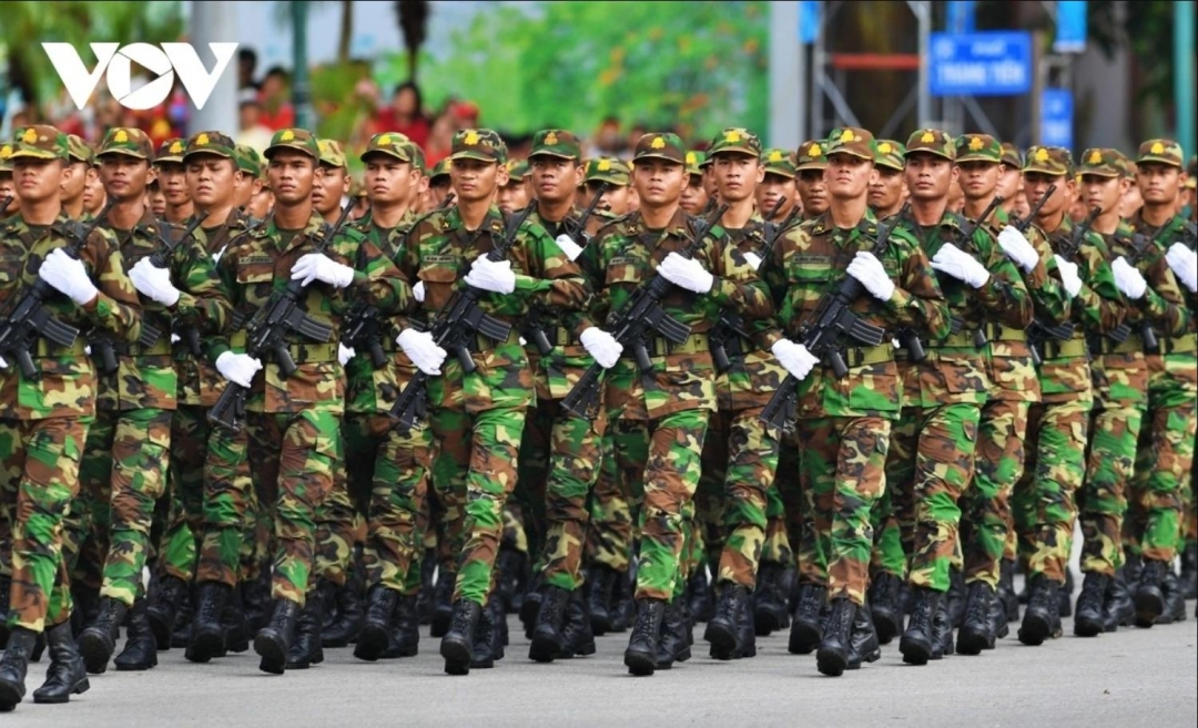 Đoàn quân nhân Campuchia cũng góp mặt với 120 chiến sĩ trong lễ tổng duyệt diễu binh, diễu hành sáng 30/8. Ảnh: VOV