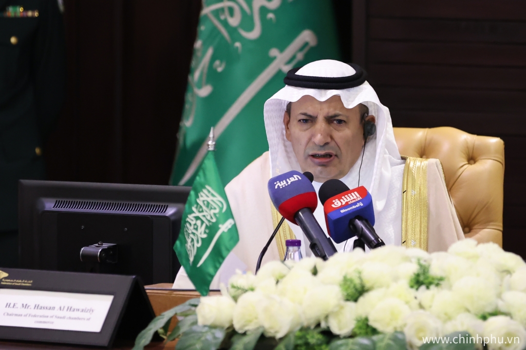 Chủ tịch Liên đoàn các Phòng Thương mại và Công nghiệp Saudi Arabia Hassan Al Hwaiziy phát biểu tại diễn đàn - Ảnh: VGP