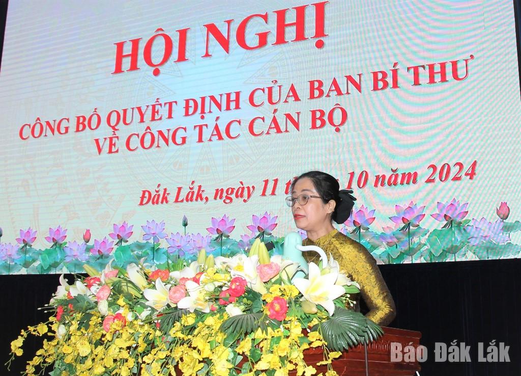 Tân Phó Bí thư Tỉnh ủy Huỳnh Thị Chiến Hòa phát biểu nhận nhiệm vụ.