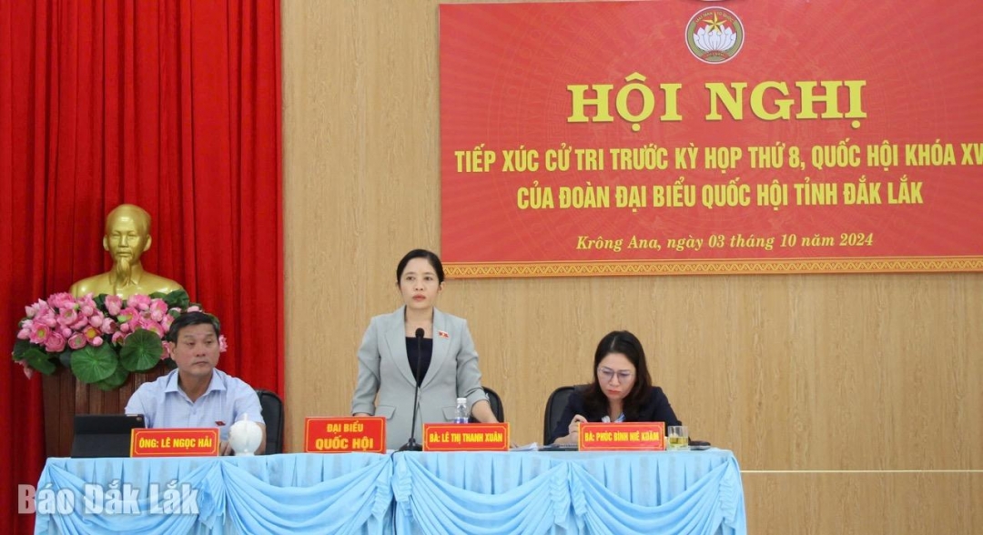 Phó Trưởng đoàn phụ trách Đoàn ĐBQH tỉnh, Giám đốc Sở Giáo dục và Đào tạo Lê Thị Thanh Xuân phát biểu tại hội nghị.