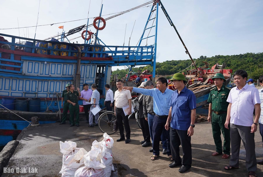 Đồng chí Nguyễn Thiên Văn, Phó Chủ tịch UBND tỉnh kiểm tra hoạt động tại cảng cá Dân Phước. 