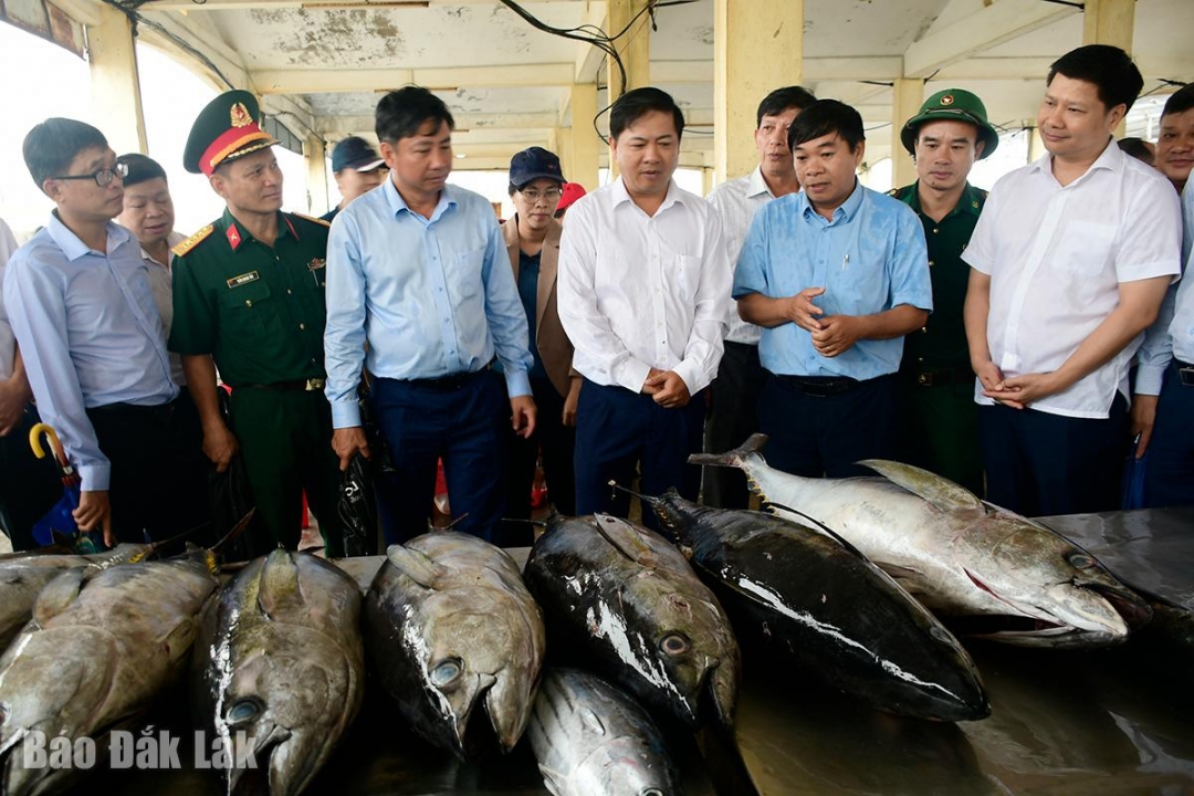 Bí thư Tỉnh ủy Lương Nguyễn Minh Triết cùng các đồng chí trong đoàn công tác kiểm tra thực tế tại cảng cá Đông Tác (phường Phú Yên).