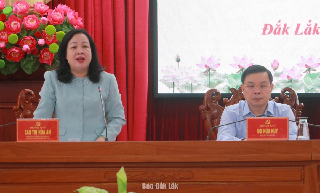 Các đồng chí: Cao Thị Hòa An, Phó Bí thư Thường trực Tỉnh ủy, Chủ tịch HĐND tỉnh; Đỗ Hữu Huy, Phó Bí thư Tỉnh ủy chủ trì hội nghị.