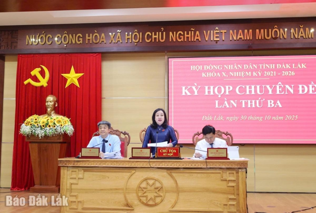 Phó Bí thư Thường trực Tỉnh ủy, Chủ tịch HĐND tỉnh Cao Thị Hòa An điều hành kỳ họp.