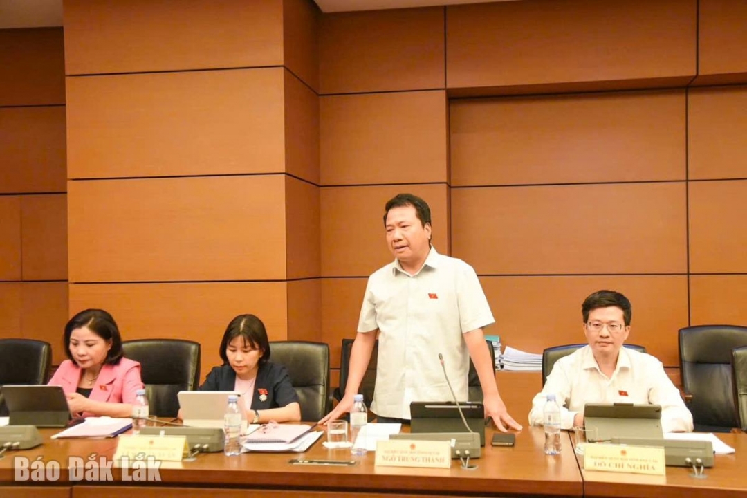 Phó Chủ nhiệm Ủy ban Tư pháp của Quốc hội Ngô Trung Thành (Đoàn ĐBQH tỉnh Đắk Lắk) phát biểu tại phiên thảo luận tổ. (Ảnh do Đoàn ĐBQH tỉnh cung cấp)