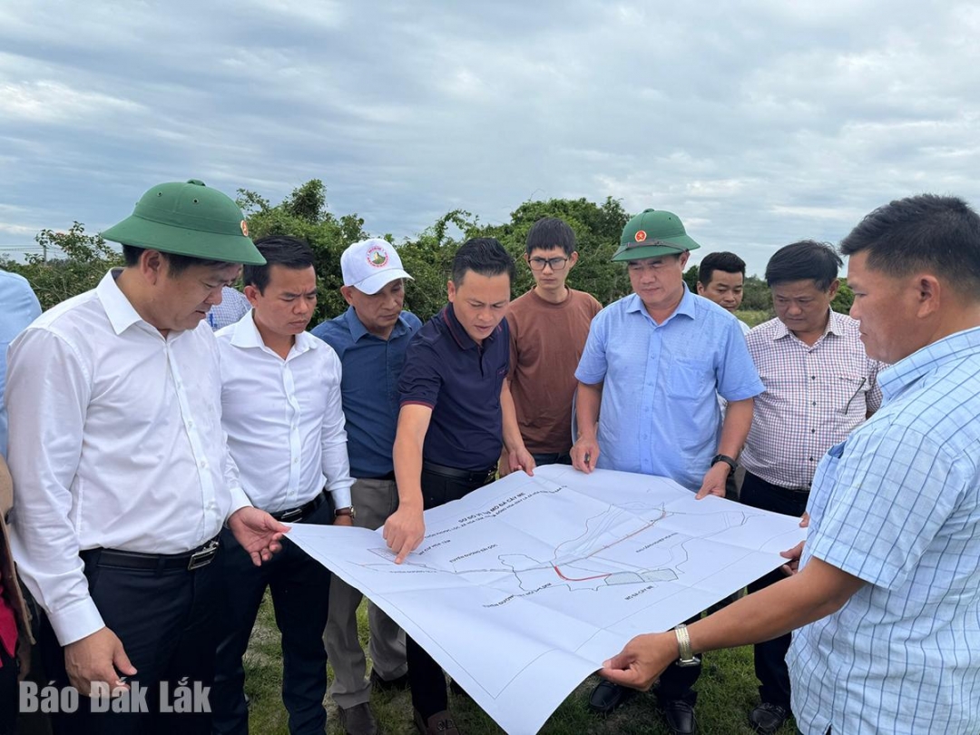 Phó Chủ tịch UBND tỉnh Nguyễn Thiên Văn cùng các đơn vị liên quan kiểm tra hiện trạng mỏ Cây Me so với bản đồ.