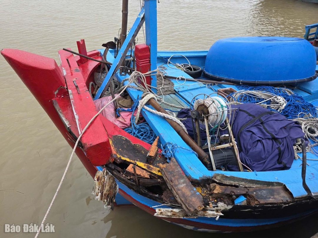góc mũi tàu của ông Huỳnh Kín bị bể nát phần vỏ gỗ. Ảnh: M.Chiến