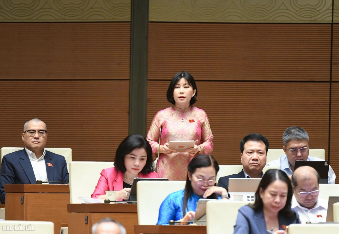 Phó Trưởng đoàn chuyên trách Đoàn ĐBQH tỉnh Đắk Lắk Lê Đào An Xuân phát biểu tại phiên thảo luận. (Ảnh Đoàn ĐBQH tỉnh cung cấp)