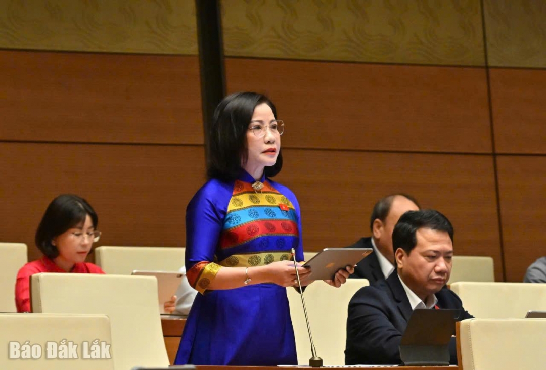 Phó Trưởng đoàn chuyên trách phụ trách Đoàn ĐBQH tỉnh Đắk Lắk Nguyễn Thị Thu Nguyệt phát biểu tại phiên thảo luận. (Ảnh Đoàn ĐBQH tỉnh cung cấp)
