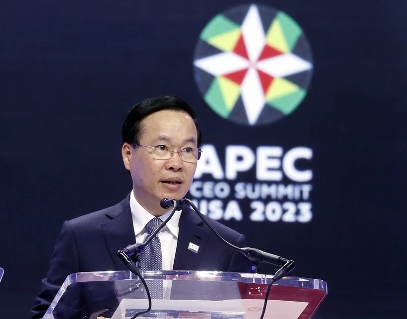 Chủ tịch nước Võ Văn Thưởng phát biểu tại Hội nghị Thượng đỉnh Doanh nghiệp APEC. (Ảnh: Thống Nhất/TTXVN