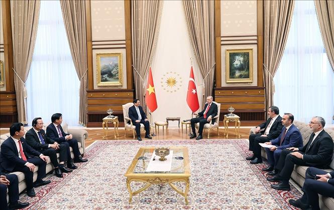 Thủ tướng Phạm Minh Chính hội kiến Tổng thống Thổ Nhĩ Kỳ Recep Tayyip Erdogan. Ảnh: Dương Giang/TTXVN