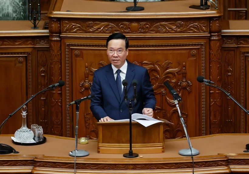 Chủ tịch nước Võ Văn Thưởng phát biểu trước Quốc hội Nhật Bản. Ảnh: TTXVN