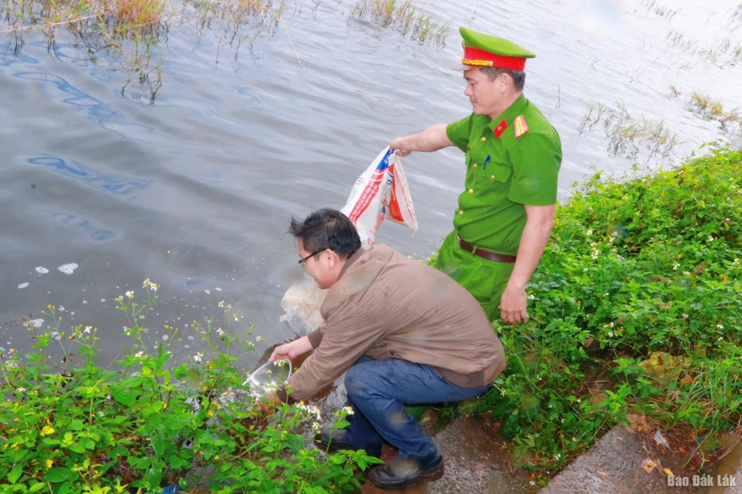 Lãnh đạo Phòng NN-PTNT huyện Krông Năng và Công an thị trấn huyện Krông Năng tham gia thả cá bổ sung nguồn lợi thủy sản tại đập Đông Hồ (Thị trấn Krông Năng, huyện Krông Năng).