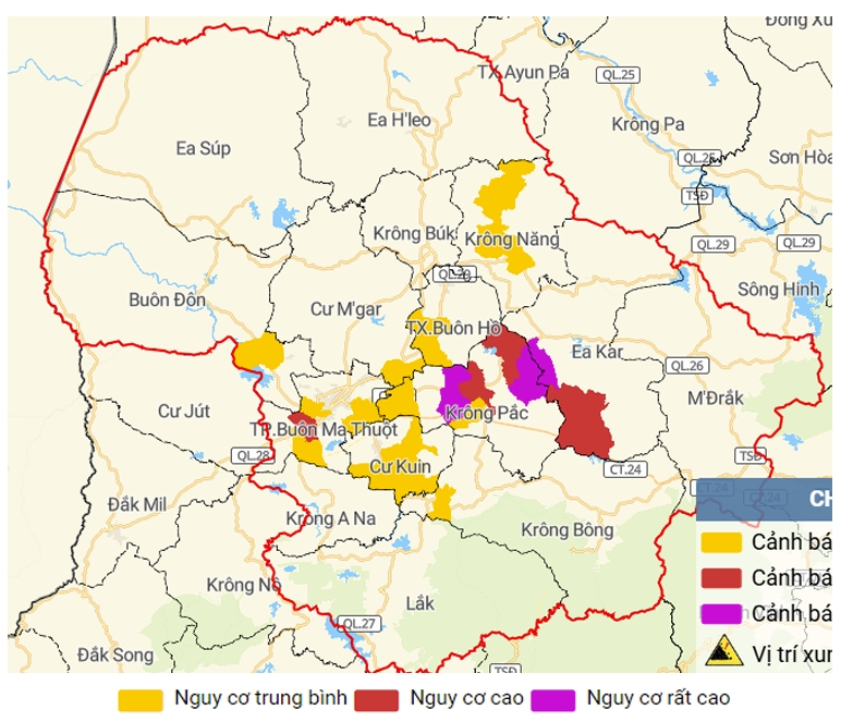Bản đồ nguy cơ lũ quét, sạt lở đất trên các khu vực tỉnh Đắk Lắk.
