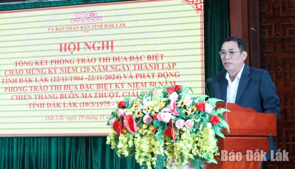 Phó Chủ tịch UBND tỉnh Võ Văn Cảnh phát biểu tại hội nghị tổng kết phong trào thi đua đặc biệt kỷ niệm 120 năm Ngày thành lập tỉnh.