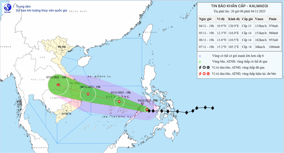 Bão Kalmaegi khả năng đi vào Biển Đông vào ngày 5/11. Ảnh: Trung tâm Dự báo Khí tượng Thủy văn quốc gia