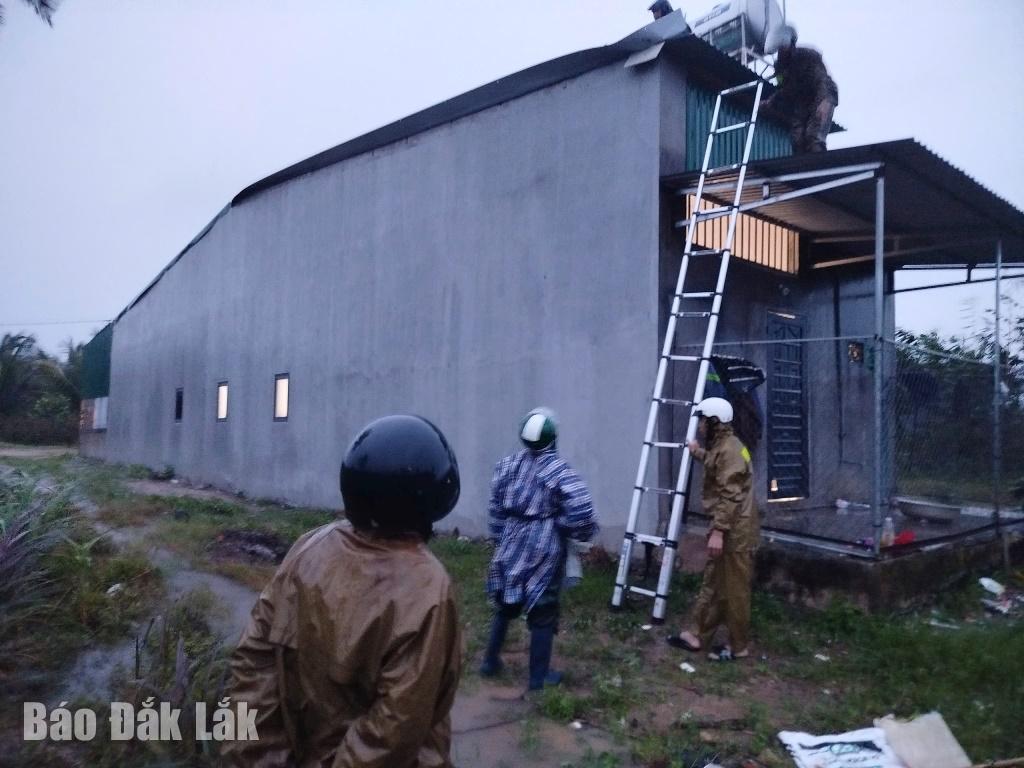 Lực lượng chức năng xã Ea Knốp hỗ trợ người dân lợp lại mái nhà bị tốc do mưa bão.