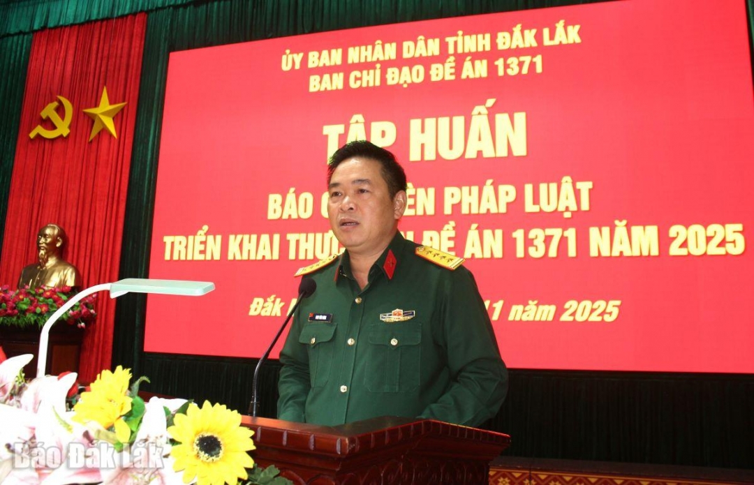 Đại tá Đinh Văn Hưng, Chính ủy Bộ Chỉ huy Quân sự tỉnh phát biểu chỉ đạo khai mạc tập huấn.