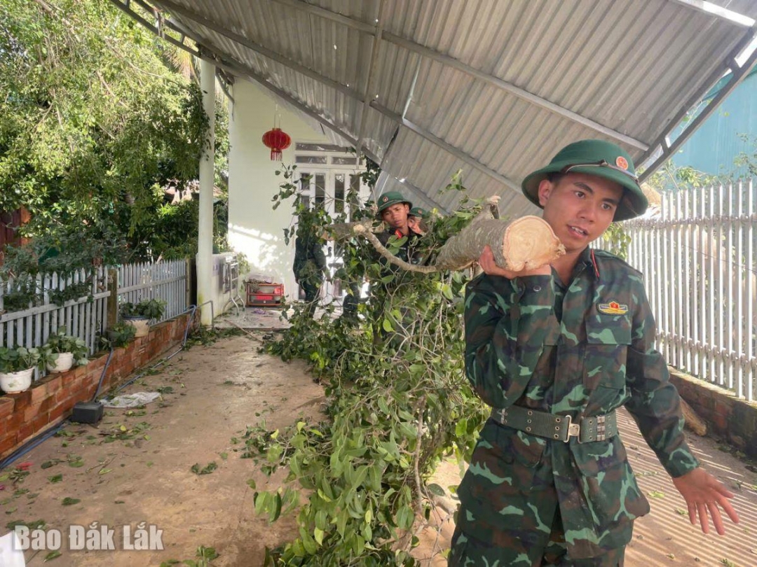 Bộ đội dọn dẹp cây đổ trên địa bàn xã Ea Hleo sau bão.