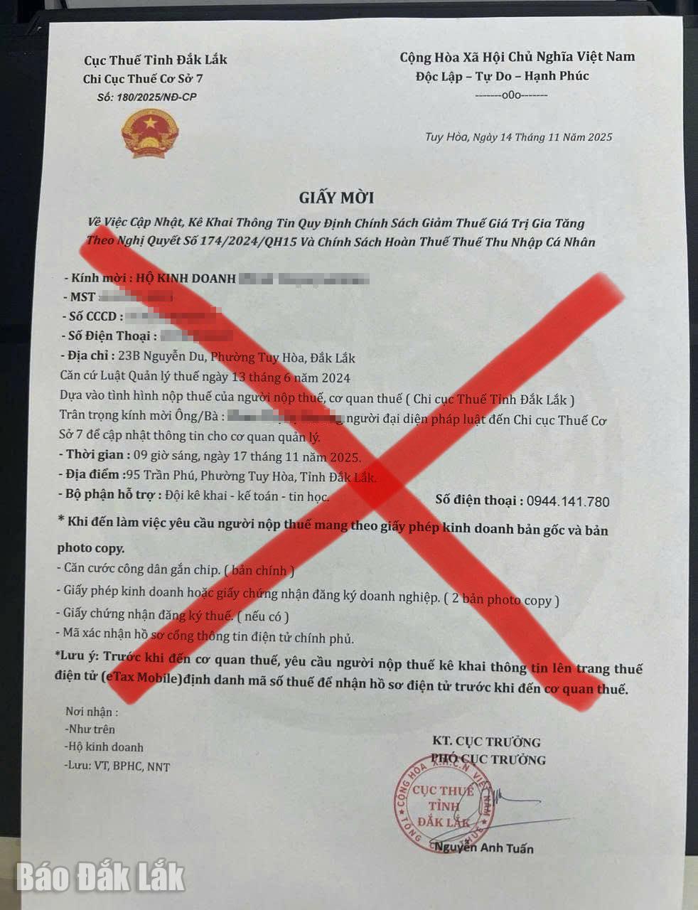 Giấy mời giả mạo mạo danh cơ quan thuế. Ảnh: Cơ quan thuế cung cấp