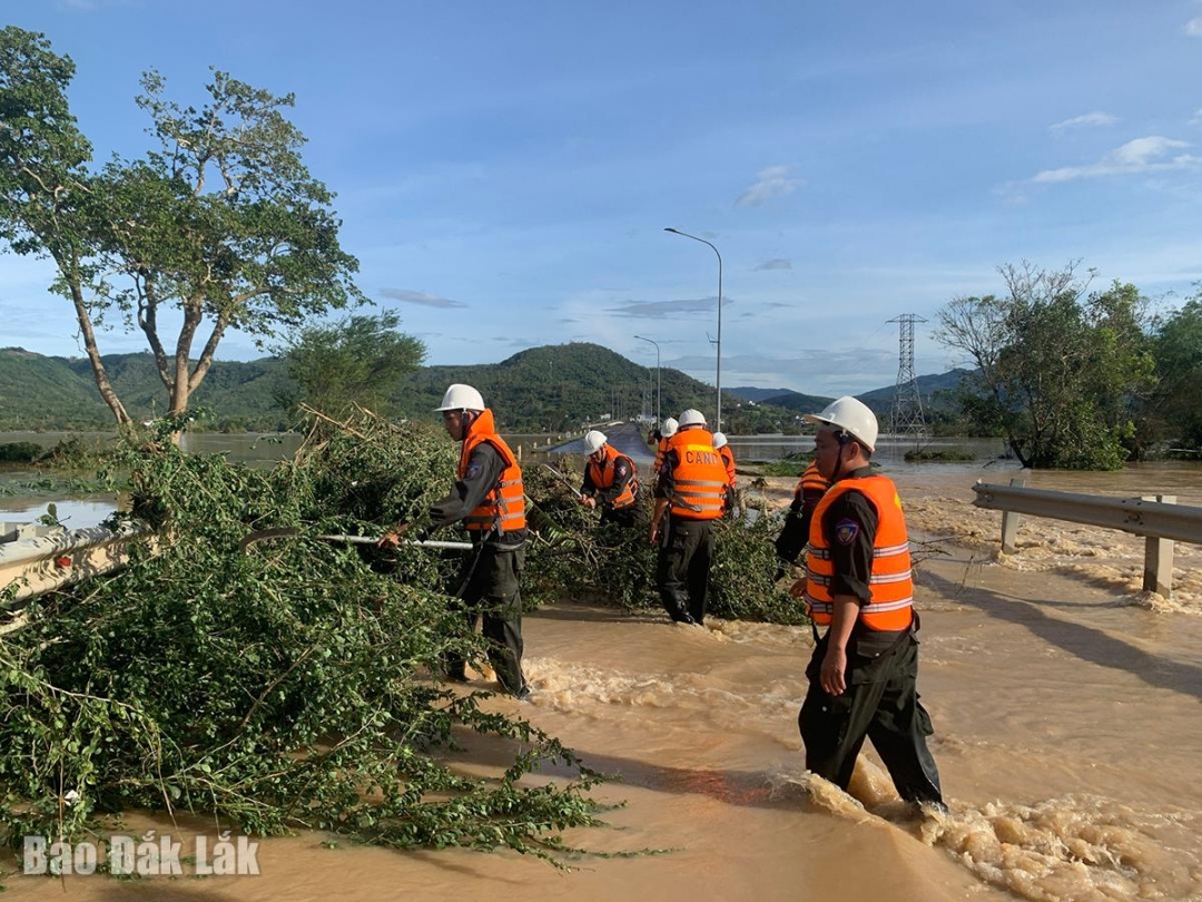 Lực lượng cứu hộ Công an tỉnh dọn dẹp cây đổ, thông tuyến đường bị tắc tại xã Đồng Xuân.