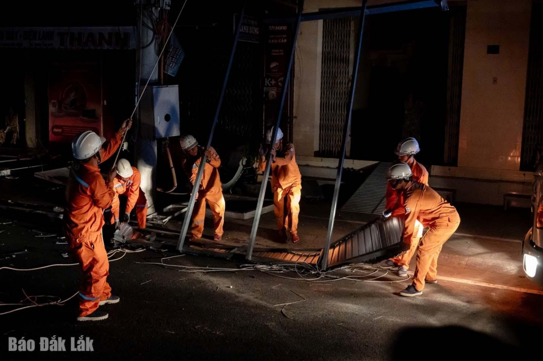 Các công nhân nhanh chóng tháo gỡ tôn, cây vướng vào đường dây ngay trong đêm sau khi bão tan. 