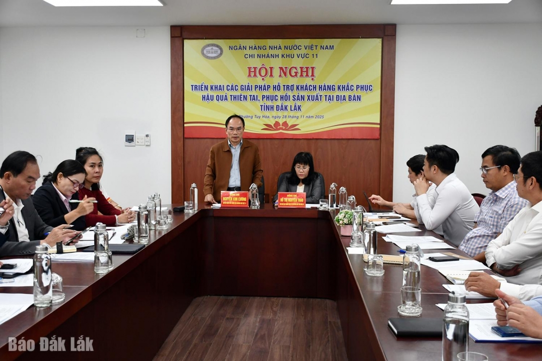 Quyền Giám đốc Ngân hàng Nhà nước Chi nhánh khu vực 11 Nguyễn Kim Cương phát biểu kết luận hội nghị.