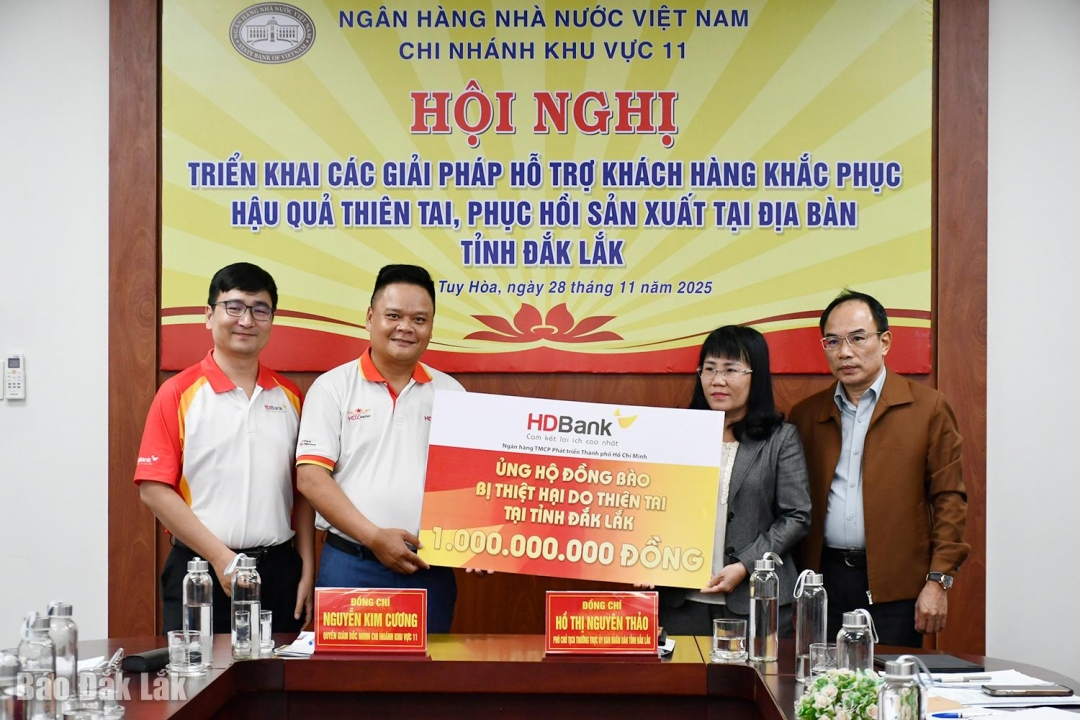 Thay mặt lãnh đạo tỉnh, Phó Chủ tịch Thường trực UBND tỉnh Hồ Thị Nguyên Thảo tiếp nhận bảng tượng trưng hỗ trợ 1 tỷ đồng của HDBank.