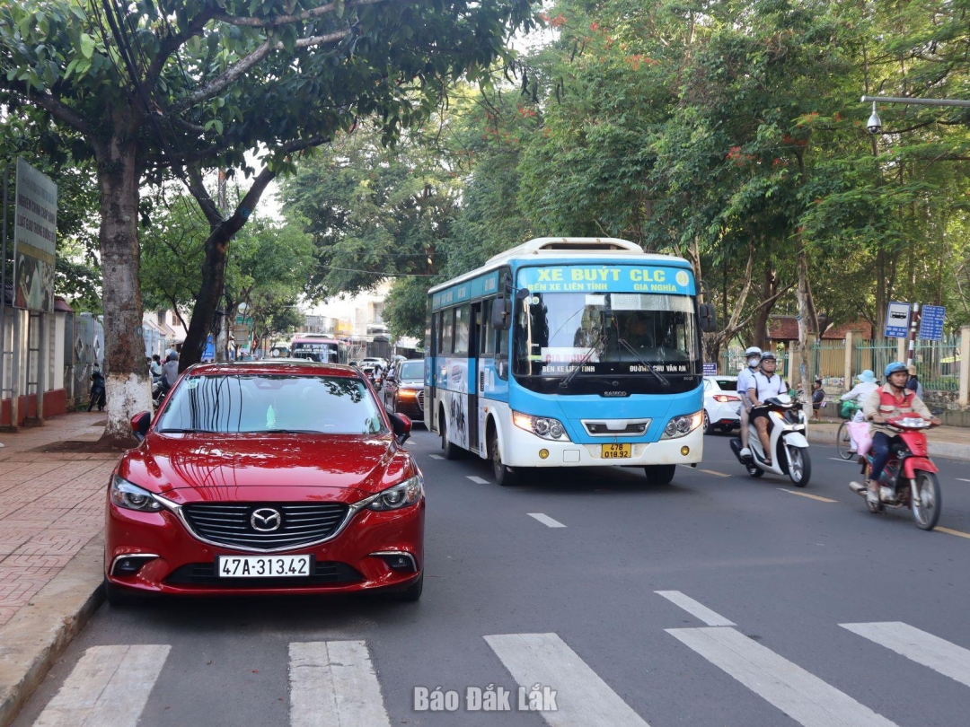 Xe buýt vận chuyển khách lưu thông trên đường Lê Hồng Phong, phường Buôn Ma Thuột.