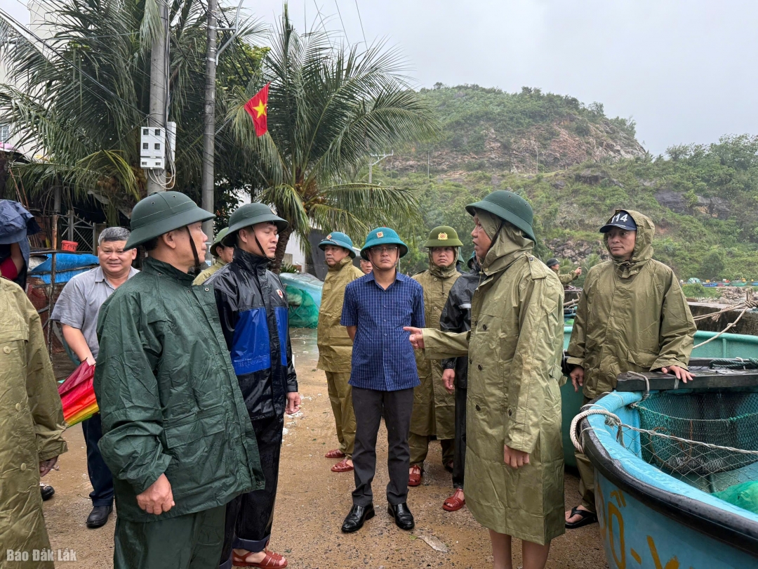 Phó Chủ tịch UBND tỉnh Đào Mỹ kiểm tra công tác ứng phó bão số 13 tại khu vực bờ kè, thôn 2, xã Xuân Lộc. Ảnh: Hà My