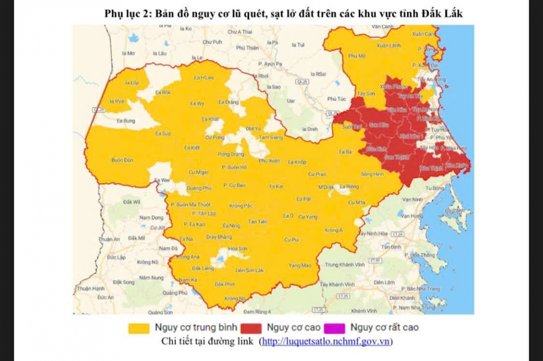 Bản đồ nguy cơ lũ quét, sạt lở đất trên các khu vực tỉnh Đắk Lắk.