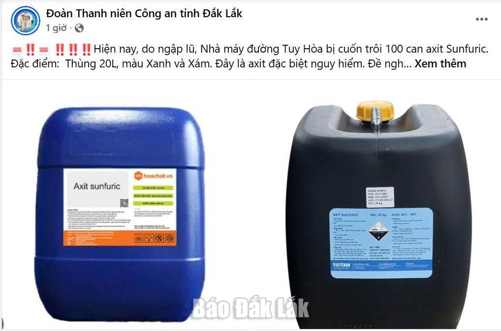 Đoàn Thanh niên Công an tỉnh Đắk Lắk phát thông báo về thông tin khoảng 100 can axit sunfuric bị cuốn trôi.