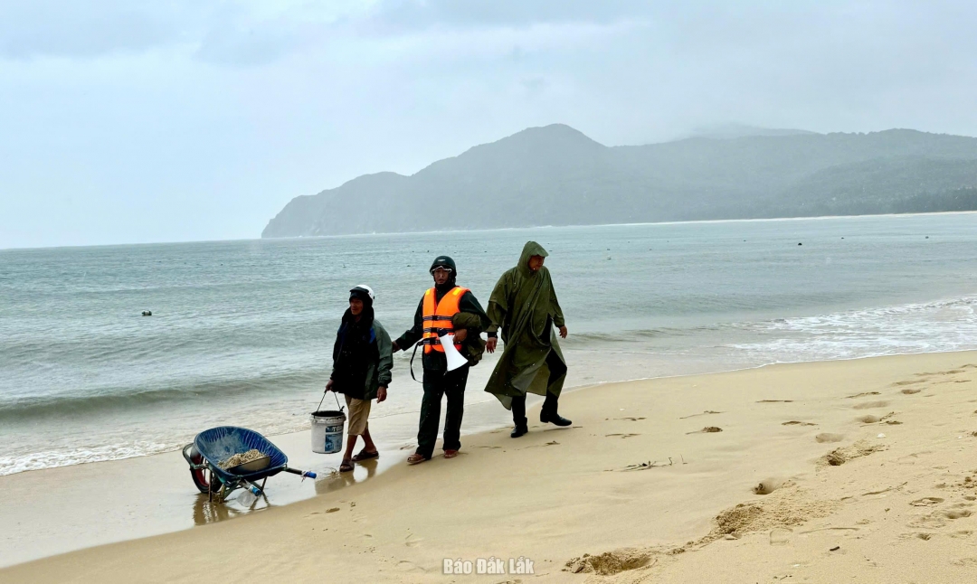 Lực lượng chức năng yêu cầu người dân ngừng việc ra biển để bỏ thức ăn cho thủy sản đang nuôi. Ảnh: Hồ Như