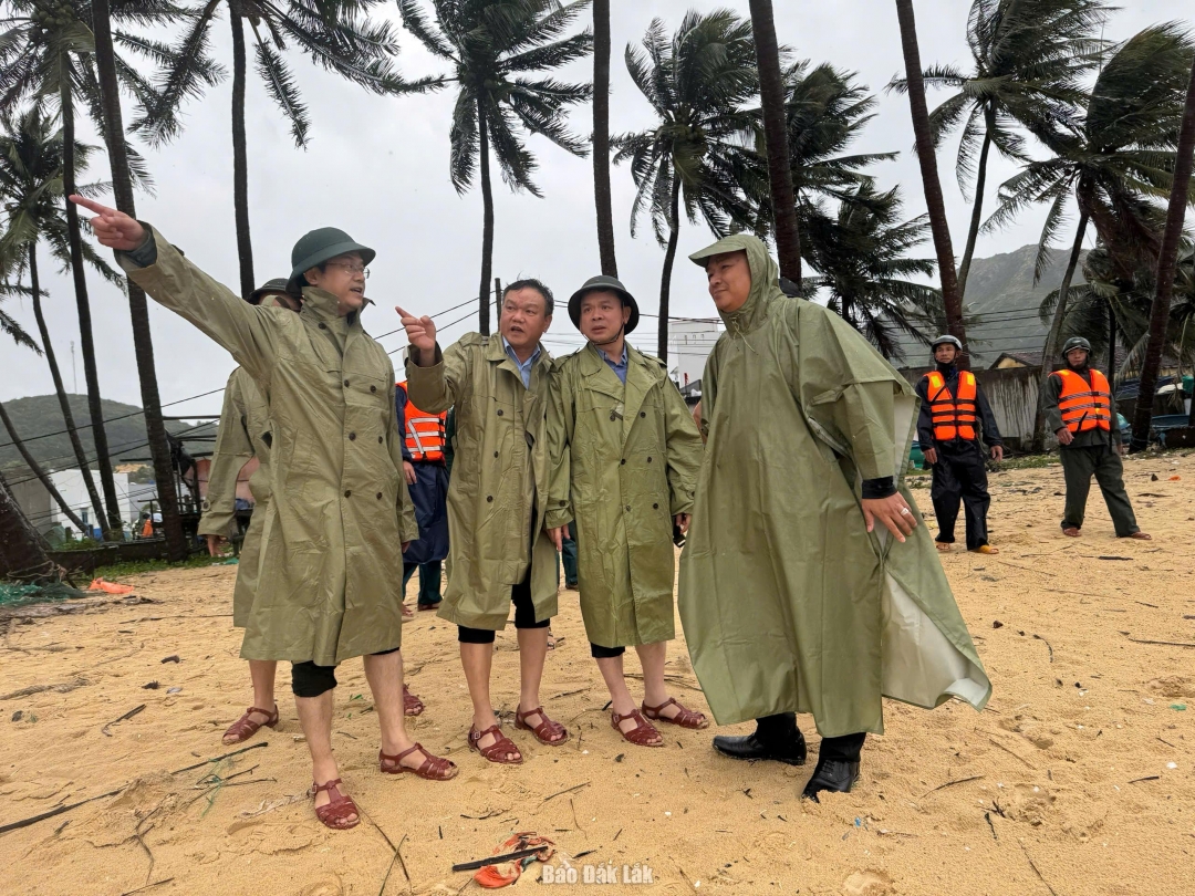 Phó bí thư tỉnh ủy đỗ hữu huy cùng phó chủ tịch ủy ban Dân tỉnh Đào Mỹ kiểm tra tại phường Sông Cầu. Ảnh: Hồ Như