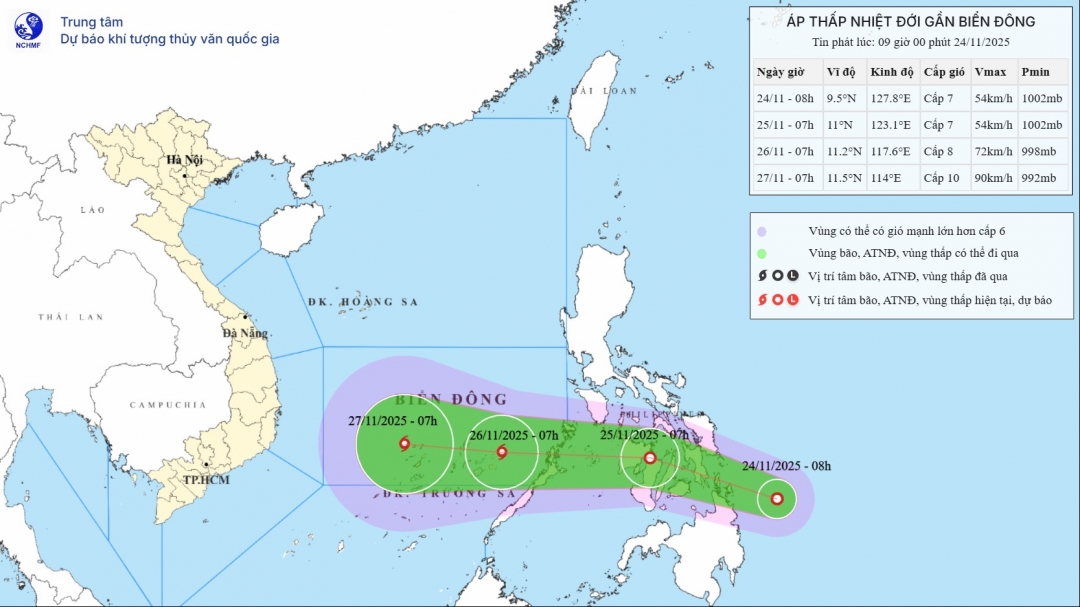 Bản đồ dự báo quỹ đạo và cường độ áp thấp nhiệt đới phát lúc 09h00 ngày 24/11/2025