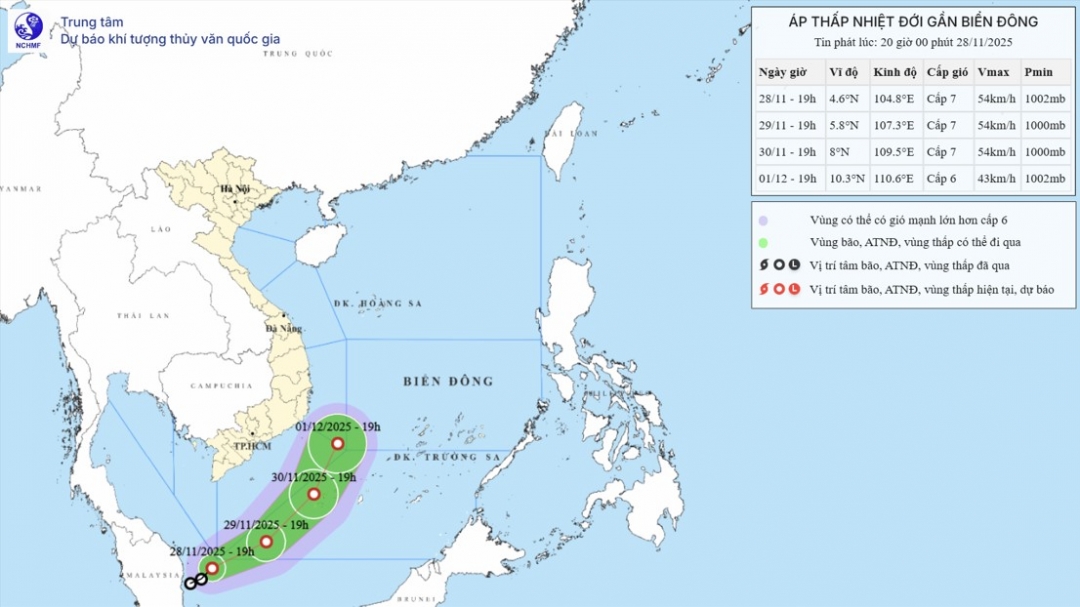 Bản đồ dự báo quỹ đạo và cường độ áp thấp nhiệt đới phát lúc 20 giờ ngày 28/11/2025.