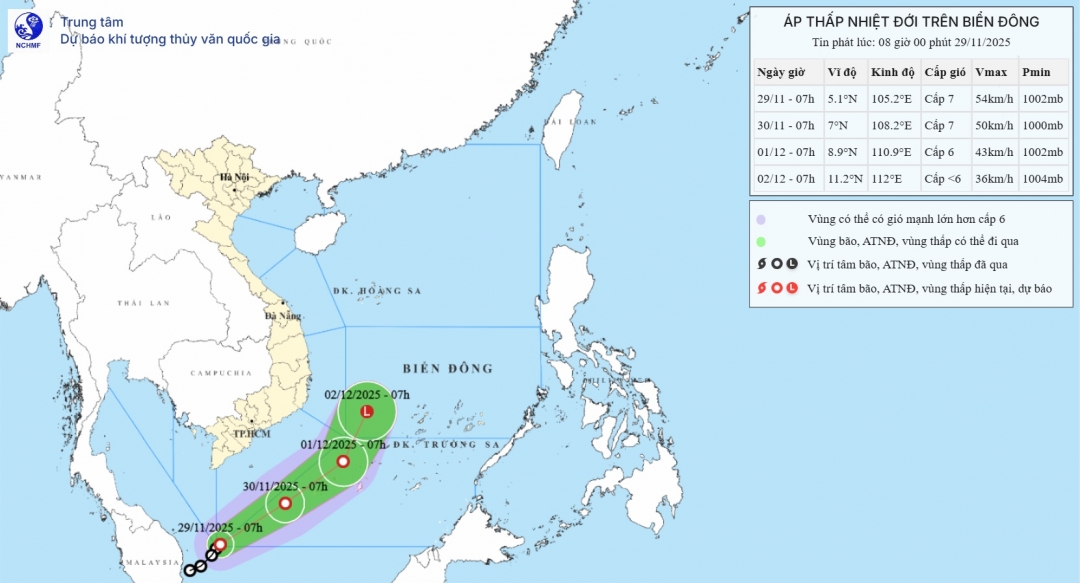 Bản đồ dự báo quỹ đạo và cường độ áp thấp nhiệt đới phát lúc 8 giờ ngày 29/11/2025