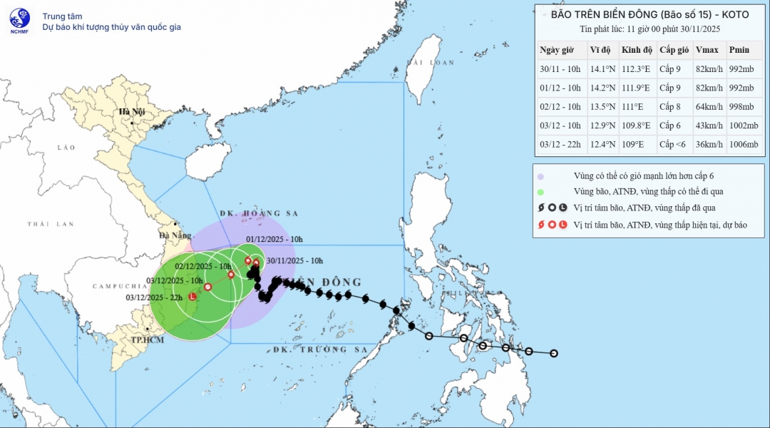 Bản đồ dự báo quỹ đạo và cường độ bão số 15 phát lúc 11 giờ ngày 30/11/2025.