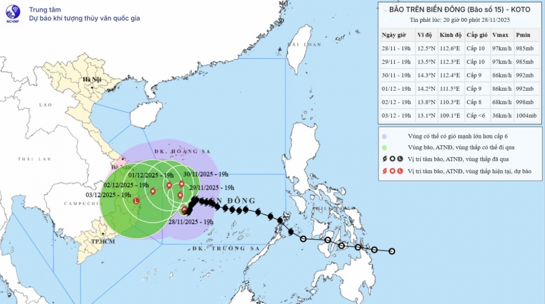 Bản đồ dự báo quỹ đạo và cường độ bão số 15 phát lúc 20 giờ ngày 28/11/2025.