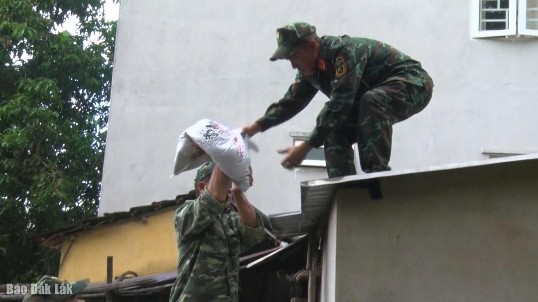 Hỗ trợ người dân chằng chống các mái nhà, tránh bị tốc mái khi bão đổ bộ.