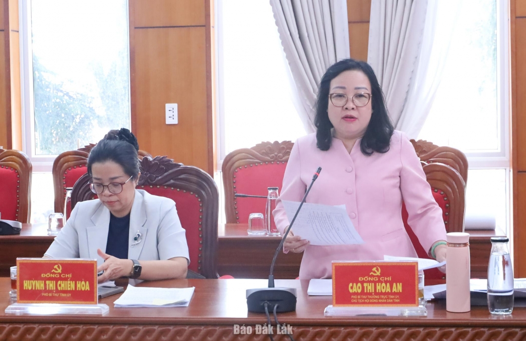 Đồng chí Cao Thị Hòa An, Phó Bí thư Thường trực Tỉnh ủy, Chủ tịch HĐND tỉnh, Phó Trưởng ban Thường trực Ban Chỉ đạo phát biểu ý kiến tại phiên họp.