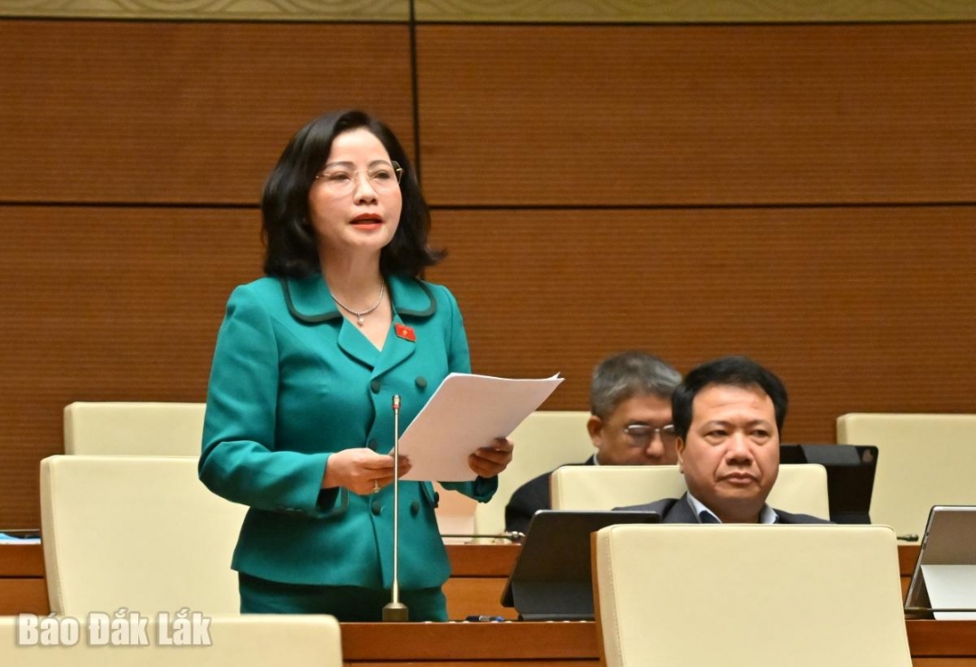 Phó Trưởng đoàn chuyên trách phụ trách Đoàn ĐBQH tỉnh Đắk Lắk Nguyễn Thị Thu Nguyệt phát biểu tại phiên thảo luận. Ảnh: Đoàn ĐBQH tỉnh cung cấp